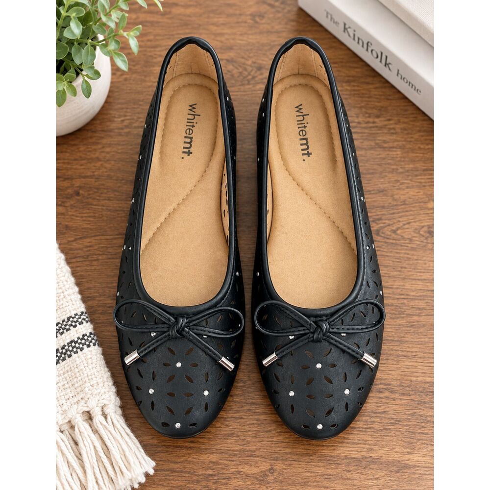 White Mountain Black Studded Ballet Flats Bow Accent Comfort Shoes Womens Sz 6